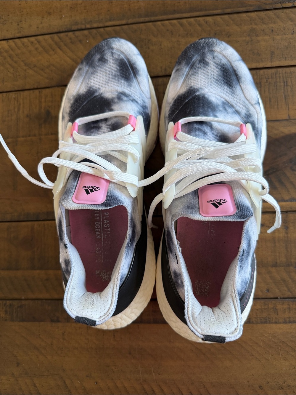 Ultraboost adidas Women's Black and White Tie-Dye Running Shoes, Pink Accents